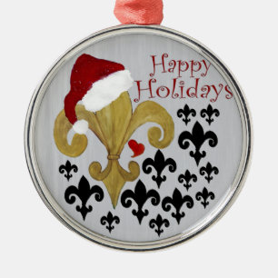 Santa Fleur de lis black and gold Christmas Metal Ornament
