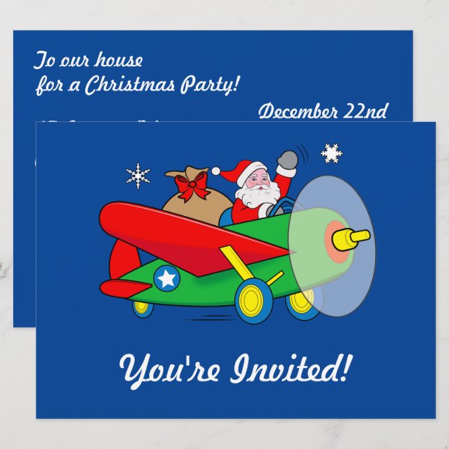 Santa Flying Airplane Gifts Christmas Party Invite (Front/Back)