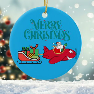 Santa Flying Airplane,Sleigh,Heart Photo,Christmas Ceramic Ornament