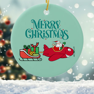 Santa Flying Airplane, Sleigh & presents,Christmas Ceramic Ornament