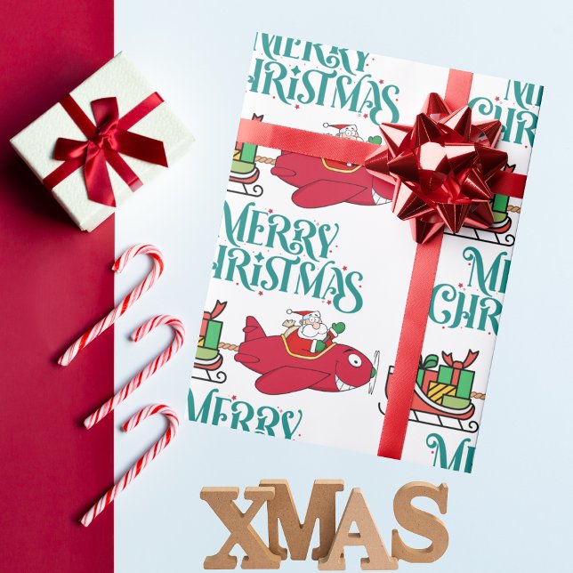 Santa Flying Airplane, Sleigh & presents,Christmas Wrapping Paper (Creator Uploaded)