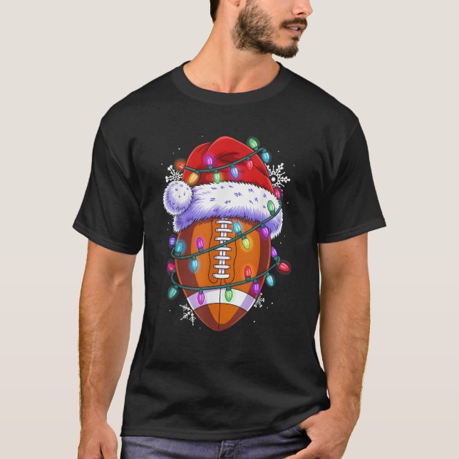 Santa Football Rugby Christmas Xmas Lights Men Boy T-Shirt (Front)