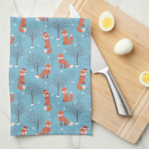 Santa Fox and Winter Trees Kitchen Towel