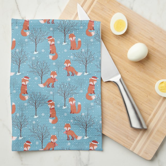Santa Fox and Winter Trees  Kitchen Towel (Quarter Fold)
