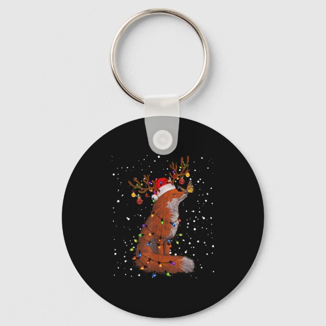 Santa Fox Tangled Up In Christmas Tree Lights Foxe Keychain (Front)