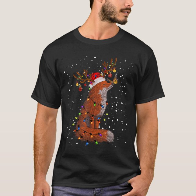 Santa Fox Tangled Up In Christmas Tree Lights Foxe T-Shirt (Front)