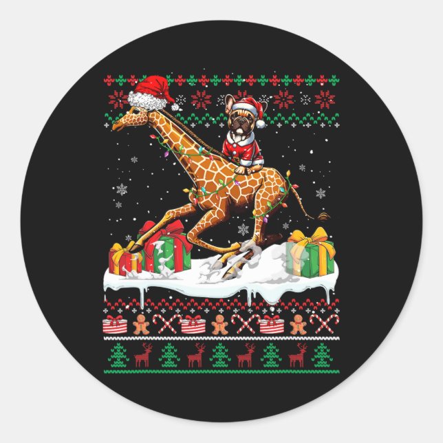 Santa French Bulldog Riding Giraffe Christmas Swea Classic Round Sticker (Front)