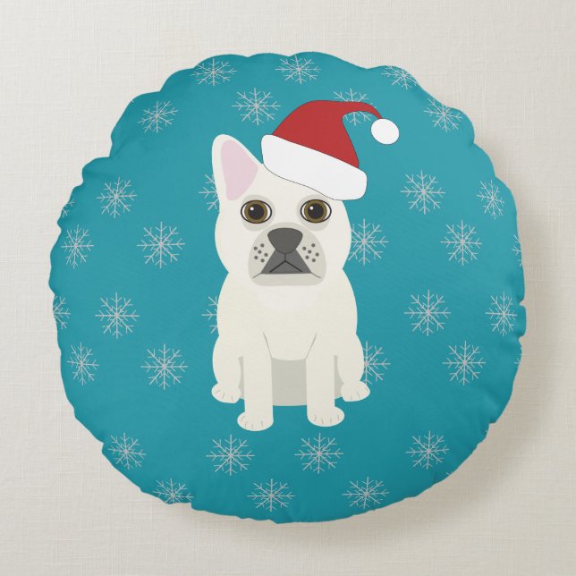 Santa Frenchie, Snowflakes Blue Round Pillow (Front)