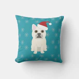 Santa Frenchie, Snowflakes Blue Throw Pillow