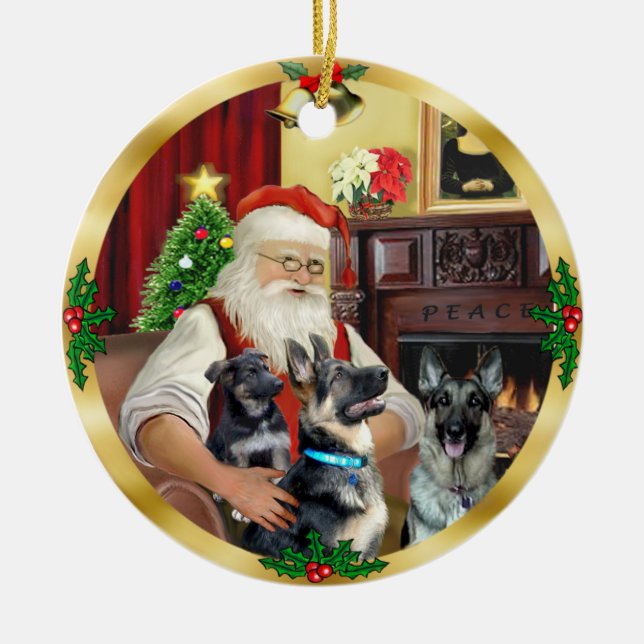 Santa / German Shepherd and Pup Ceramic Ornament (Front)