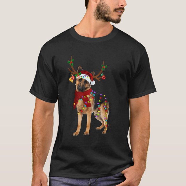 Santa German Shepherd Reindeer Light Christmas T-Shirt (Front)
