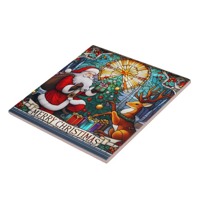 Santa gifts joy to a reindeer by a Christmas tree Tile (Side)