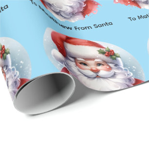 Santa Giftwrap with Personalized Name Blue Wrapping Paper
