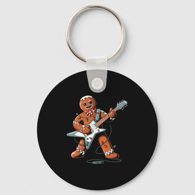 Santa Gingerbread Playing Guitar Funny Christmas P Keychain (Front)