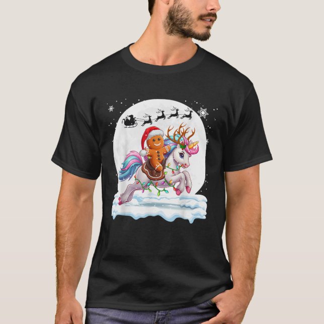 Santa Gingerbread Riding Reindeer Unicorn Christma T-Shirt (Front)