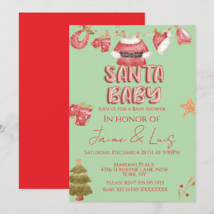 Santa Girl Boy Holiday Green Baby Shower   Invitation