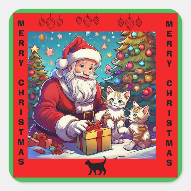 Santa Giving Presents To Two Young Kittens Square Sticker (Front)
