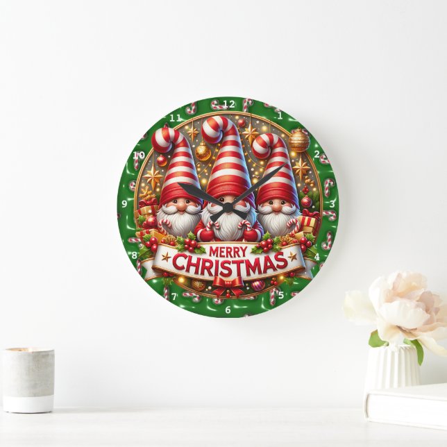Santa & Gnome Cheer" - Festive Christmas Wall Large Clock (Home)