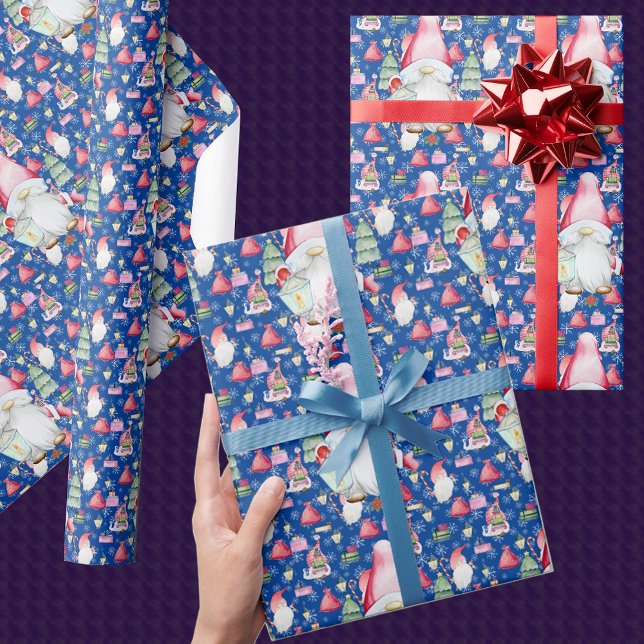 Santa Gnome for Holidays Christmas Pattern Blue Wrapping Paper (Creator Uploaded)