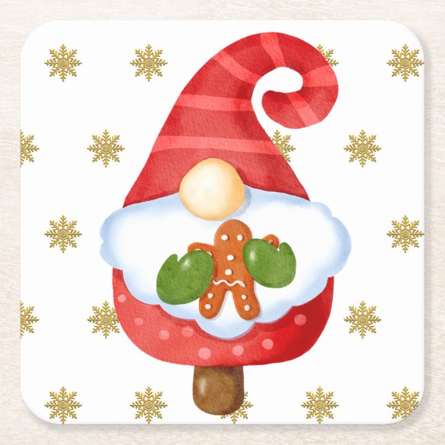 Santa Gnome Square Paper Coaster (Front)