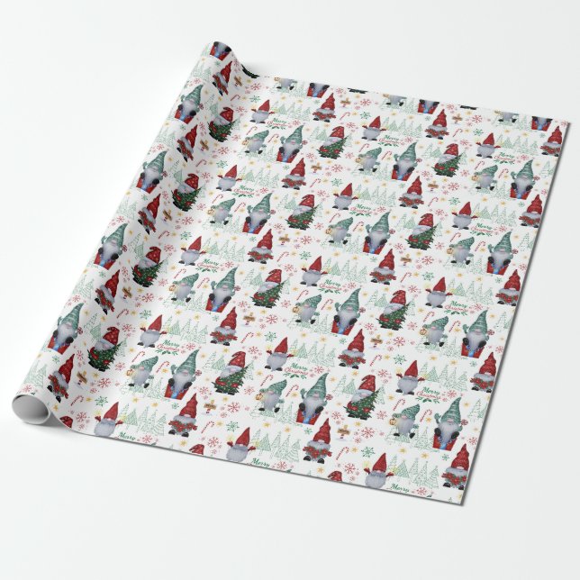 Santa Gnomes Christmas Trees Wrapping Paper (Unrolled)