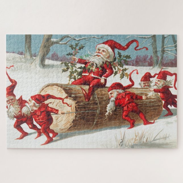 Santa gnomes sliding on a log jigsaw puzzle (Horizontal)