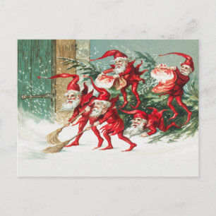 Santa gnomes sweeping snow postcard