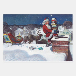 Santa Going Down Chimney with Books Wrapping Paper Sheet