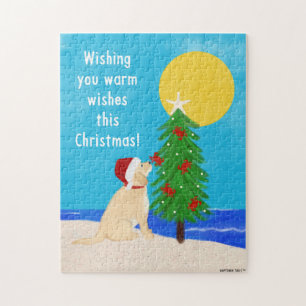 Santa Golden Dog Christmas Tree on Beach Puzzle