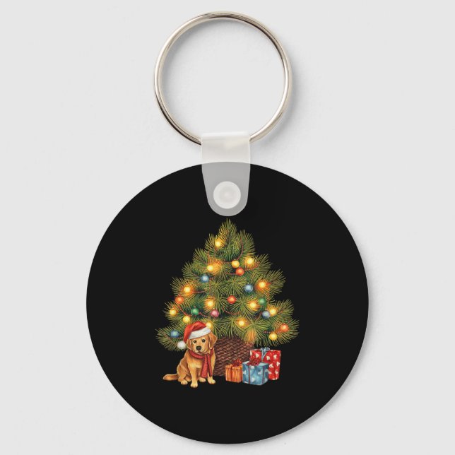Santa Golden Retriever Tree Christmas Lights Dog X Keychain (Front)