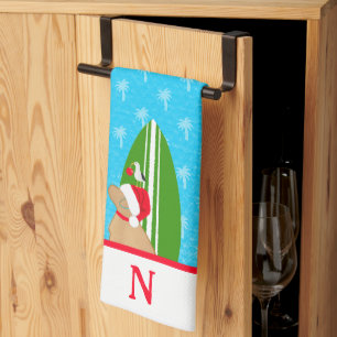 Santa Golden Surfboard Dog Seagull Christmas Towel