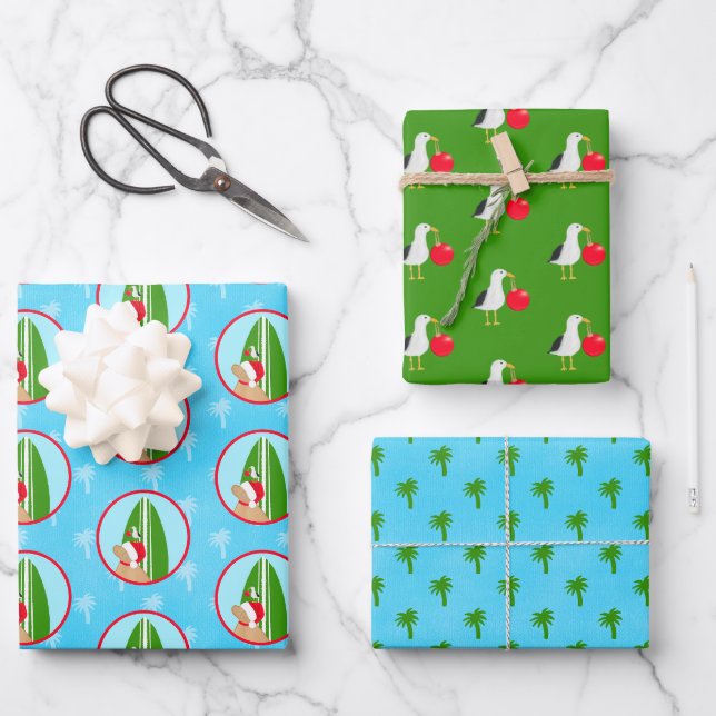 Santa Golden Surfboard Dog Seagull Gift Wrap Set 3 (Front)