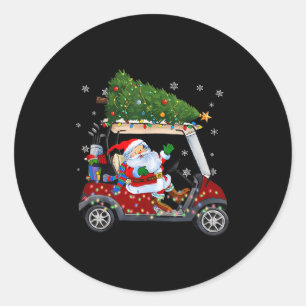 Santa Golf Cart Christmas Tree Lights Xmas Golfer Classic Round Sticker