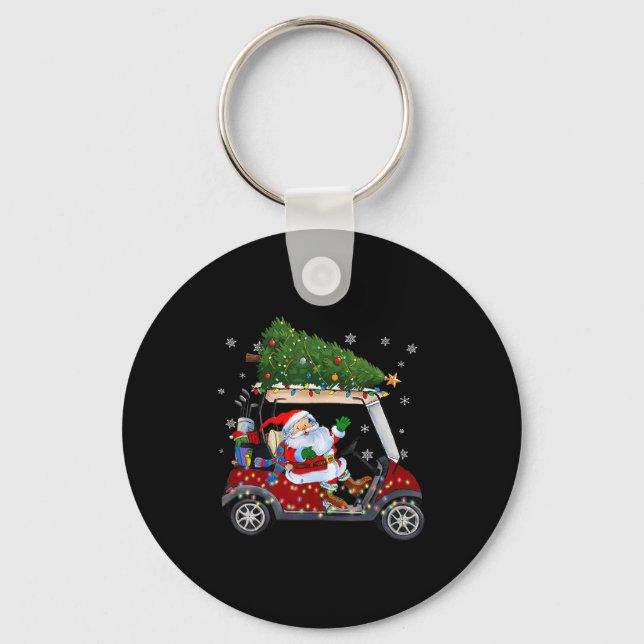 Santa Golf Cart Christmas Tree Lights Xmas Golfer  Keychain (Front)