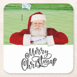 Santa golfer on green Christmas Party  Square Paper Coaster