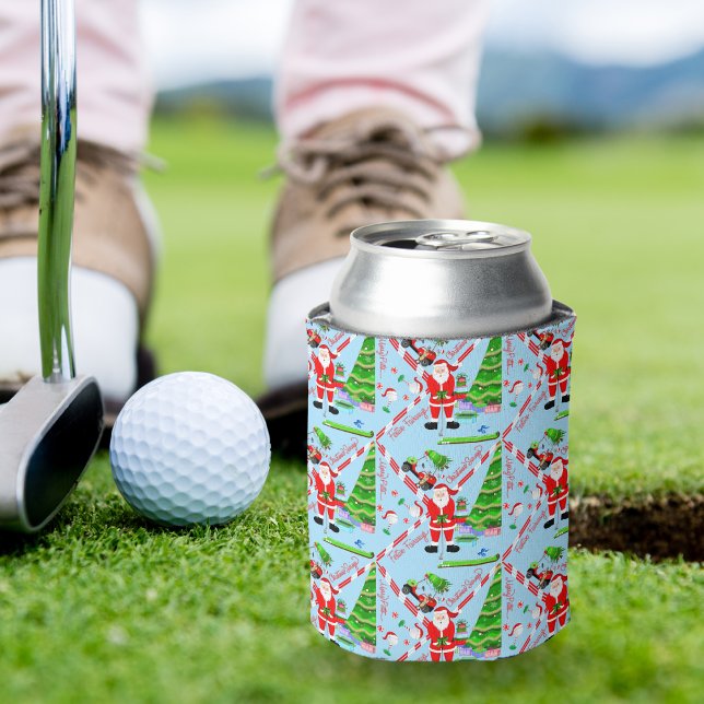 Santa Golfing by Christmas Tree  Can Cooler (Fore! Delightful Christmas golf pattern—perfect gift for golfers to stay refreshed.)