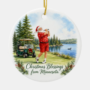Santa Golfing in Minnesota Holiday Ceramic Ornament