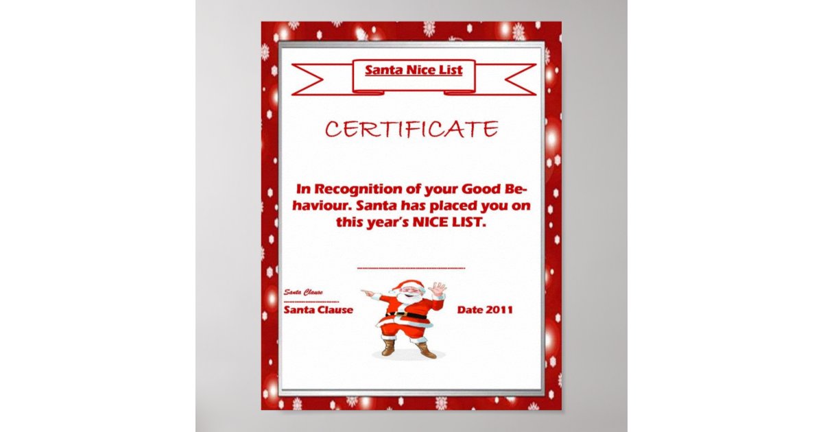Santa Good List Certificate Template Poster | Zazzle