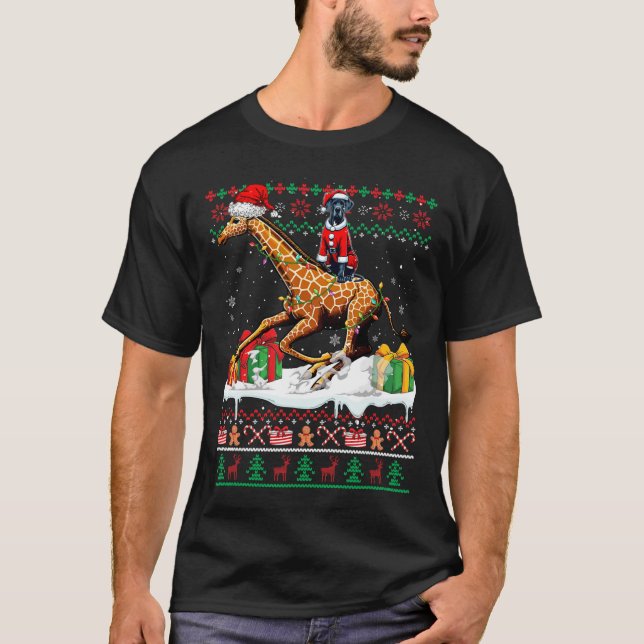 Santa Great Dane Riding Giraffe Christmas Sweater  (Front)