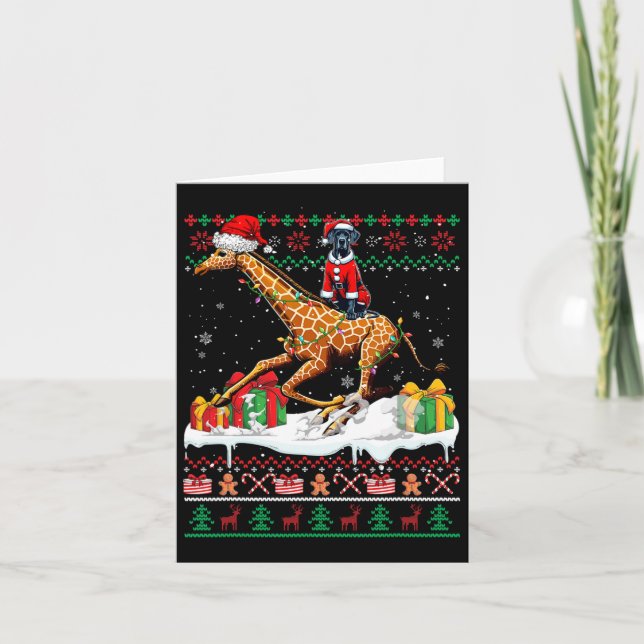 Santa Great Dane Riding Giraffe Christmas Sweater  Card (Front)