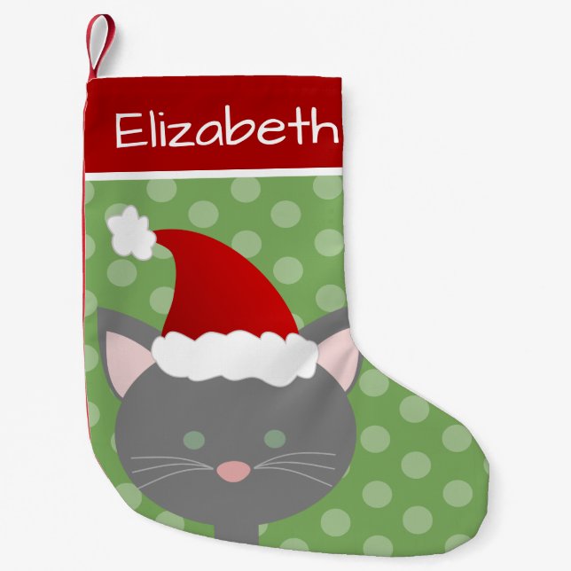 Santa Grey Kitty Small Christmas Stocking (Front)