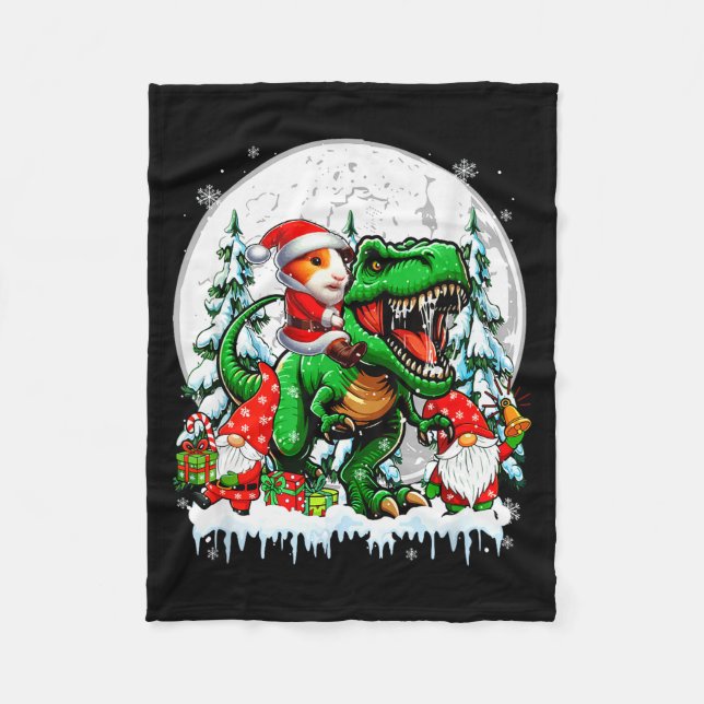 Santa Guinea G Riding T-rex Gnomes Christmas Trees Fleece Blanket (Front)