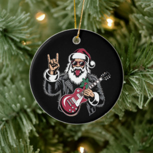 Santa Guitar Rock Leather Jacket Christmas Xmas Ceramic Ornament