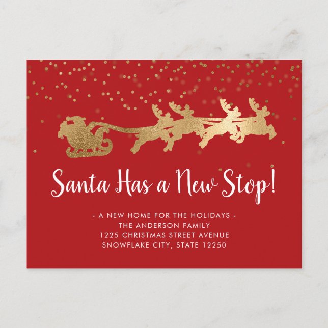 Santa Has a New Stop Gold Reindeer Holiday Moving Announcement Postcard (Front)