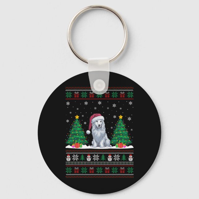 Santa Hat Akbash Dog Christmas Tree Lights Ugly Sw Keychain (Front)