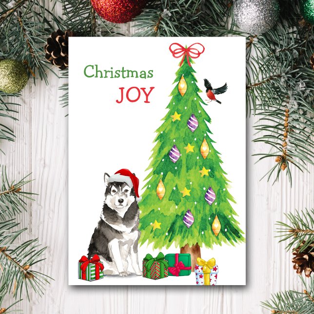 Santa Hat Alaskan Malamute Dog and Holiday Tree Card (Creator Uploaded)