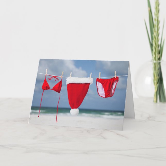 Santa hat and bikini on a clothesline holiday card (Front)