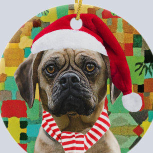 Santa Hat and Scarf with Photo Christmas Dog Ceramic Ornament