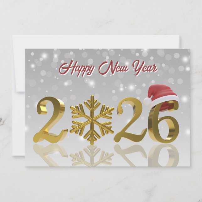 Santa Hat and Snowflake | Gold Happy New Year 2026 Holiday Card (Front)
