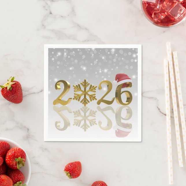 Santa Hat and Snowflake | Happy New Year Gold 2026 Napkin (Insitu)